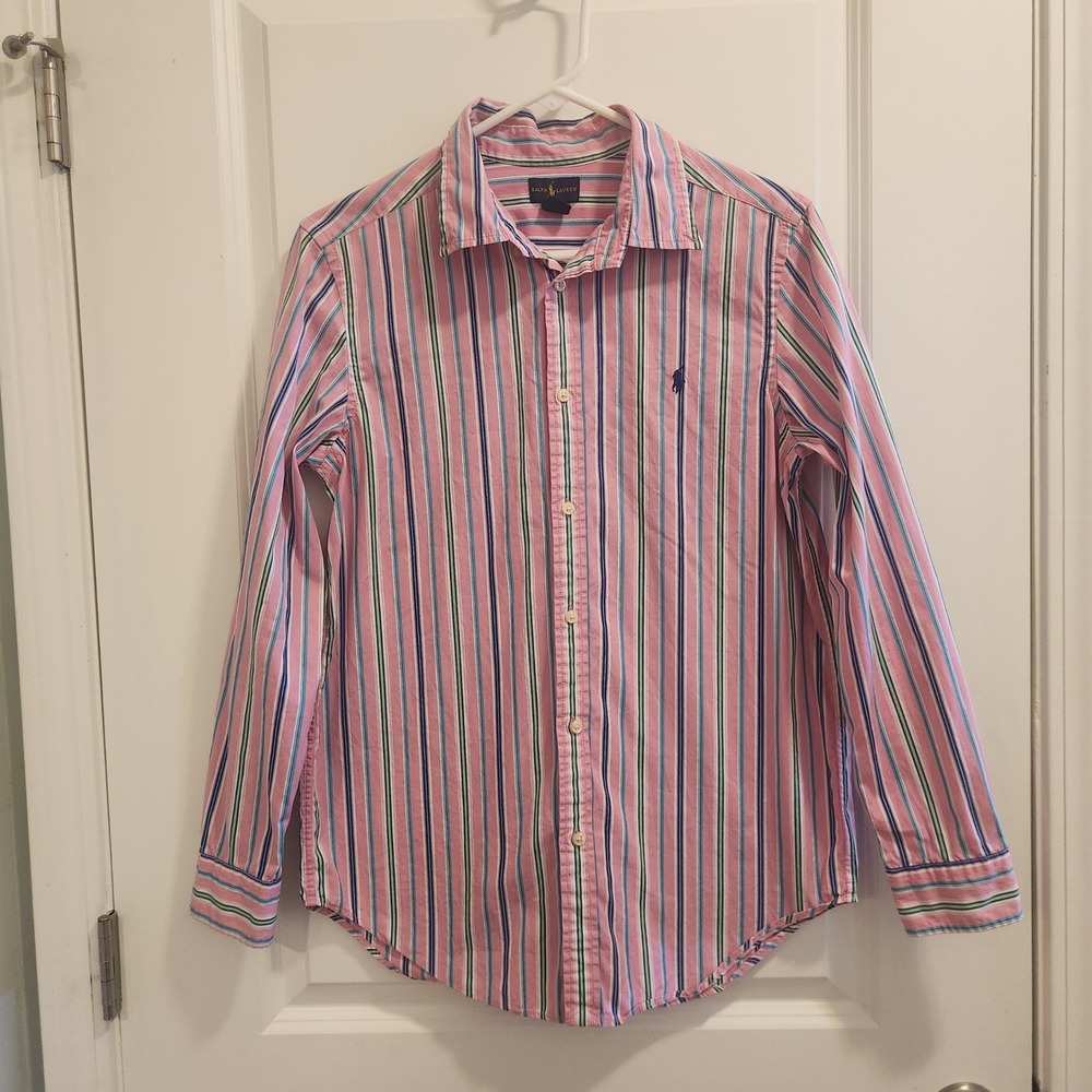 Ralph Lauren Boys XL 18-20 Pink Blue Green Striped Button Down Shirt Cotton